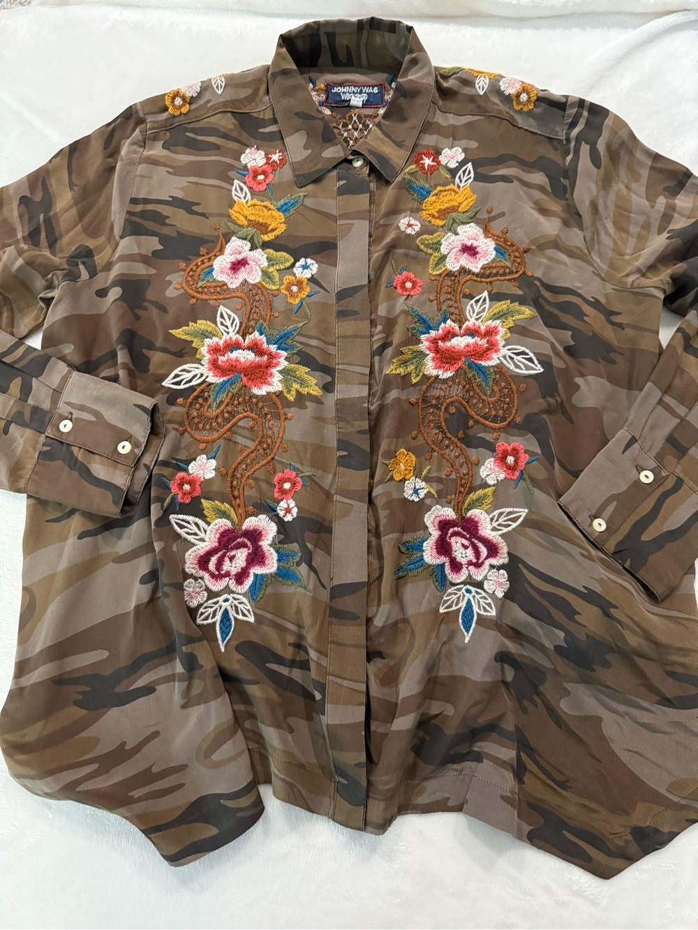 Johnny Was Workshop Silk Camouflage Esmeralda Handkerchief Bolero Shirt S E14